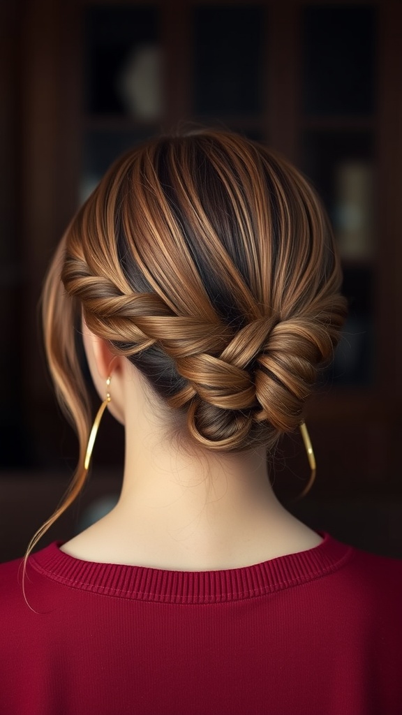 A close-up of a classic braided low bun hairstyle showcasing intricate braids and a warm hair color.