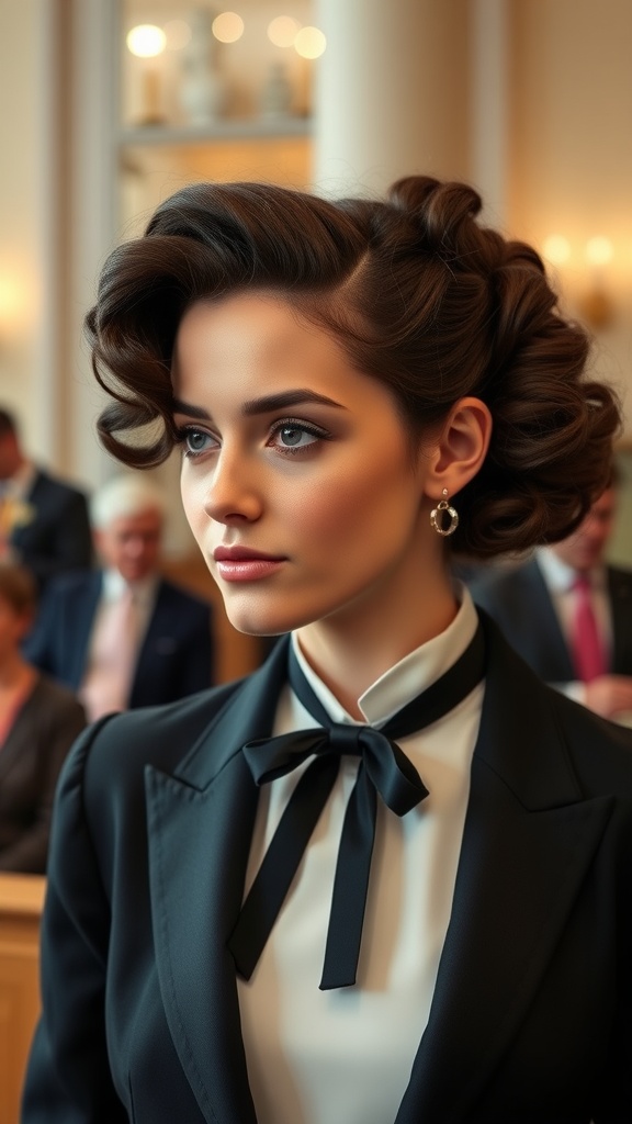 A woman showcasing a classic curly French twist hairstyle in a formal setting.