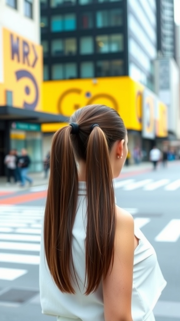 A person with long hair styled in two high ponytails, standing in an urban setting with buildings in the background.