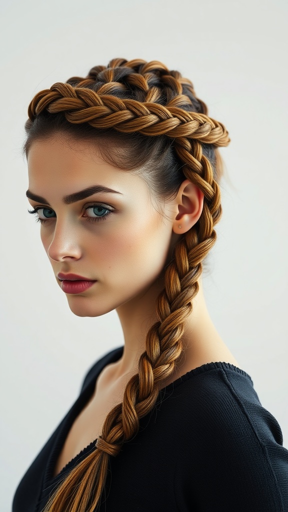 A woman with a classic Dutch braided crown hairstyle, showing rich, warm-toned braids wrapped elegantly around her head.