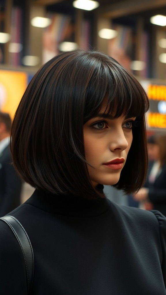 A woman with a classic A-line bob hairstyle featuring soft bangs, wearing a black top, with a stylish appearance.