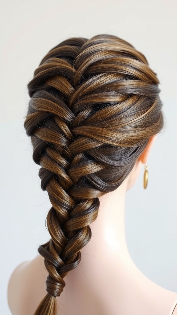 A classic French braid, showcasing smooth, shiny hair woven into an intricate pattern.