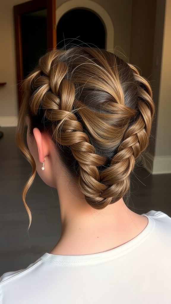 A person with a classic French braid crown hairstyle, featuring two braids elegantly wrapped around the head.