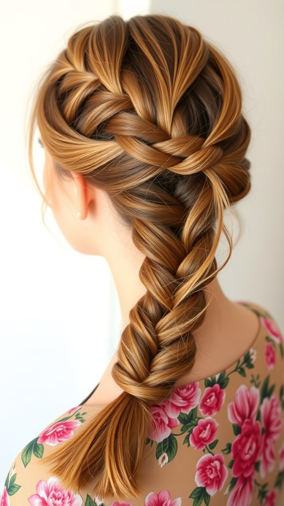 A classic French braid with a twist, featuring a mix of light and dark hair tones, styled elegantly.
