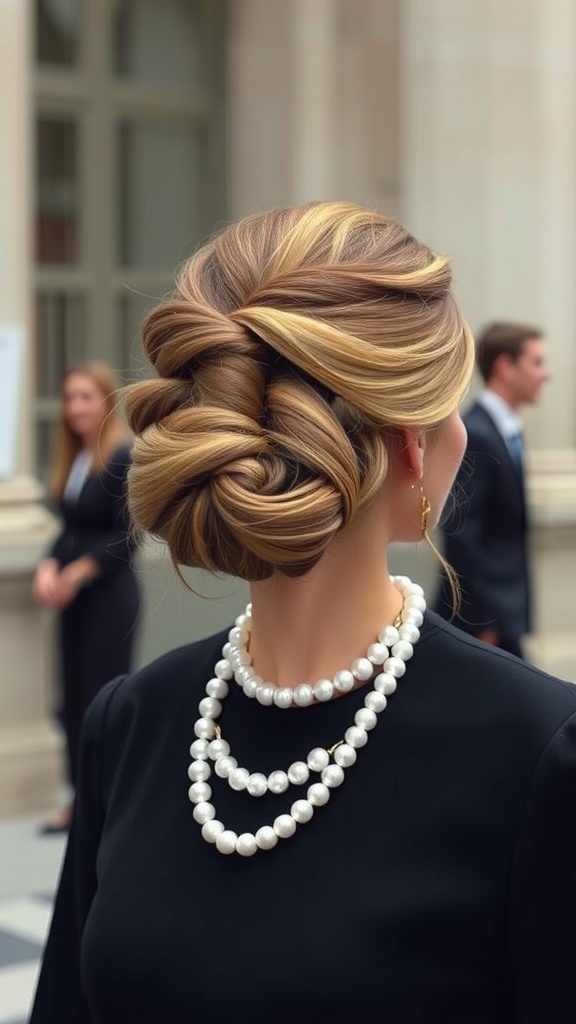 A woman with a Classic French Twist hairstyle, adorned with a pearl necklace, showcasing elegance at a formal event.