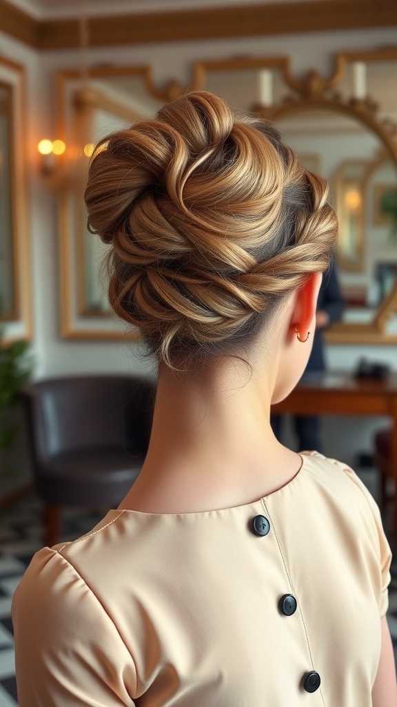 A woman with a classic French Twist hairstyle, showcasing an elegant updo from the back.