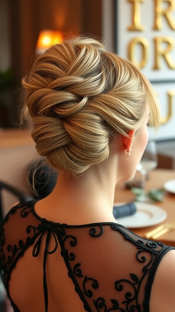 A classic French twist hairstyle, elegantly styled with smooth twists and pinned up, showcasing a sophisticated look.