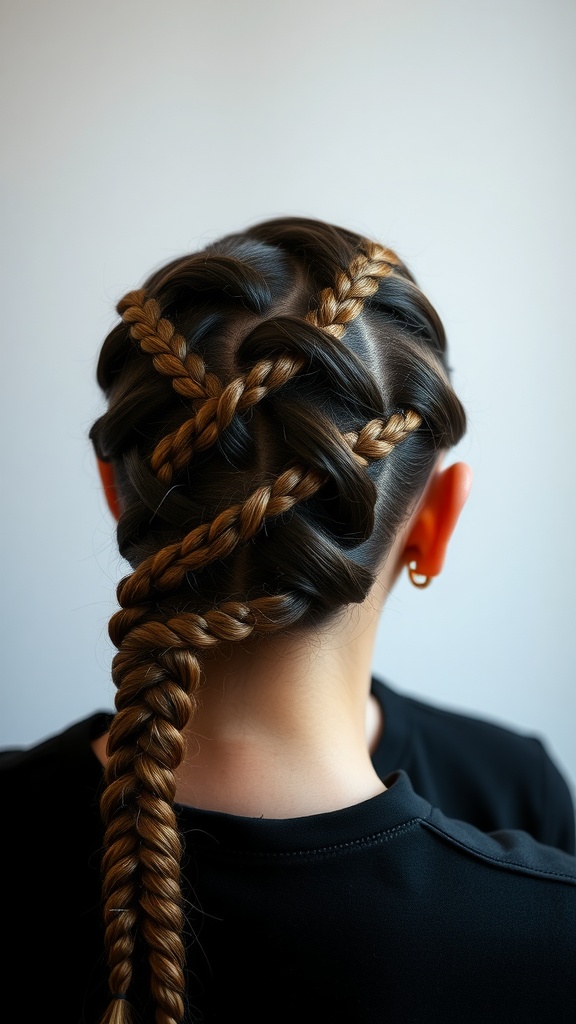 A close-up view of a woman's ginger box braids styled in a unique pattern.