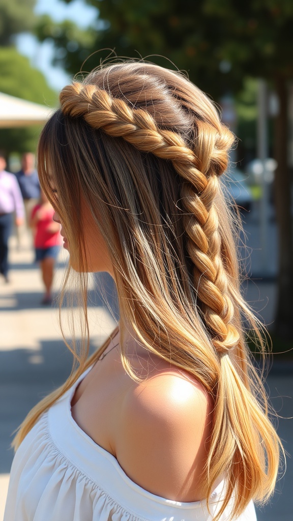 A woman with a half braided hairstyle featuring loose waves, showcasing a braid that crowns her head and long, flowing hair.