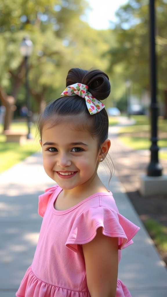 A young girl with a high ponytail and a colorful bow, smiling while wearing a pink dress.