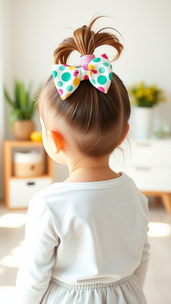 A toddler with a high ponytail secured with a colorful polka-dotted bow, facing away, in a bright room.