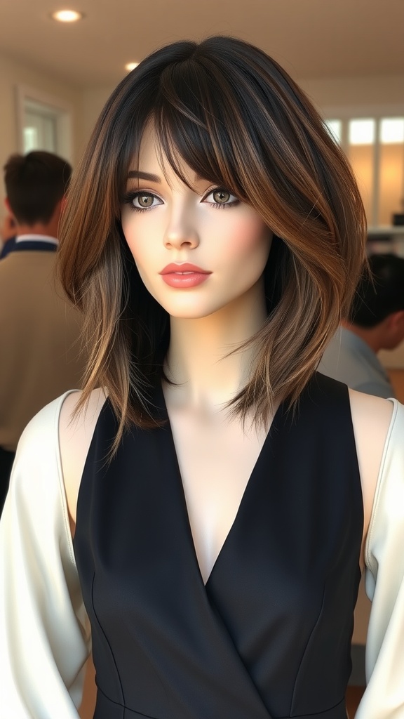 A mannequin with a classic lob quick weave hairstyle, featuring soft layers and bangs, in a stylish outfit.