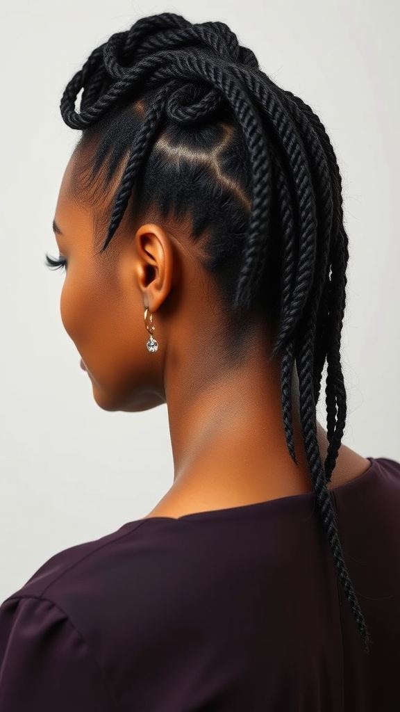 A side view of a woman with classic locs styled in a ponytail, showcasing the neat twists and elegant look.