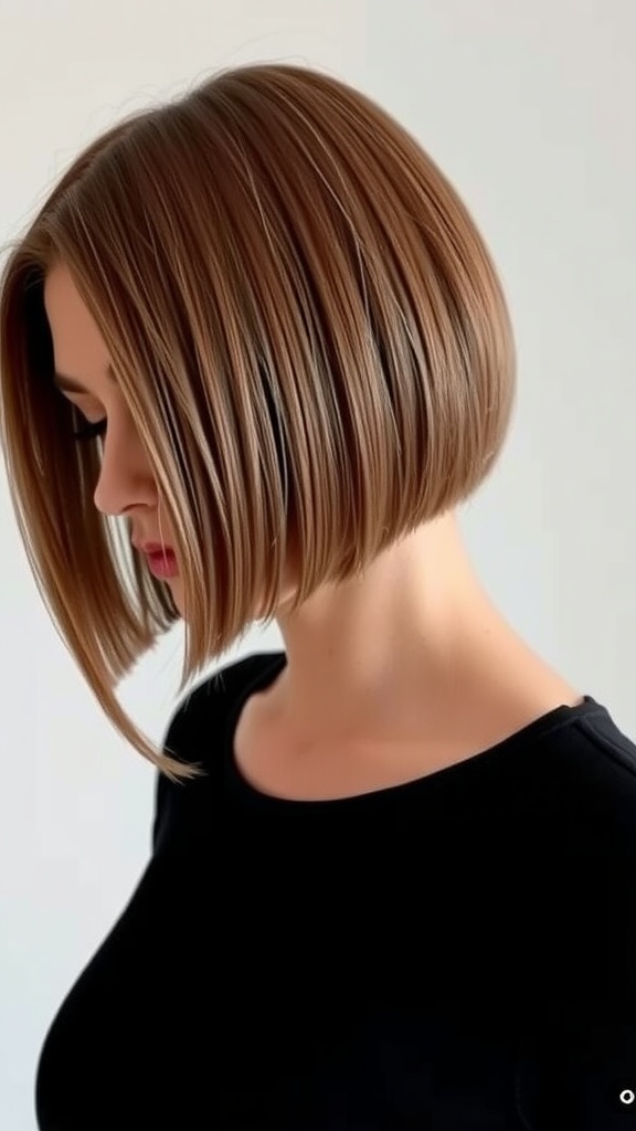A woman with a classic long bob hairstyle styled with a center part, showcasing thick hair.