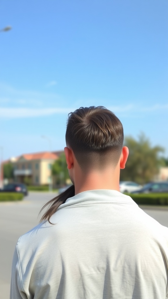 Back view of a person with a classic long mullet hairstyle featuring tapered sides