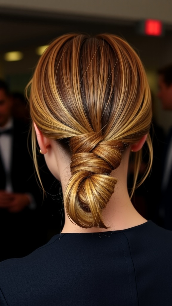 A close-up view of a woman's hair styled in a classic low ponytail with a twist.