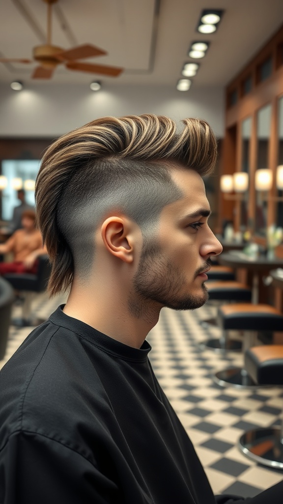 A stylish man with a modern mullet hairstyle, showcasing a contrast between short sides and longer back in a barbershop setting.