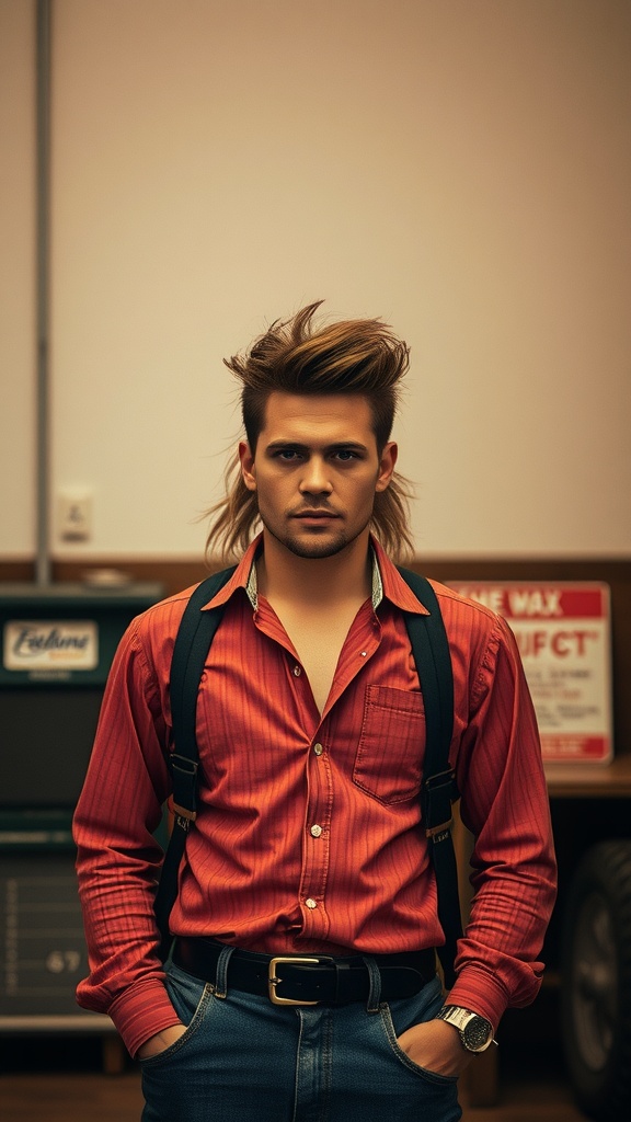 A young man with a classic mullet hairstyle, wearing a red shirt and suspenders.