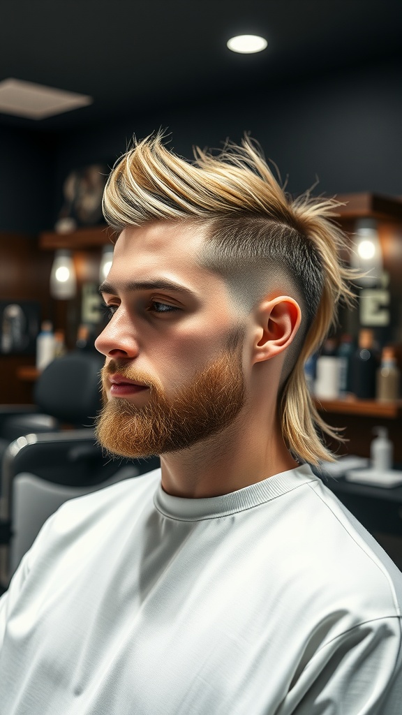 A young man with a modern mullet hairstyle, featuring a short front and longer back, styled with volume at the top and a well-groomed beard.