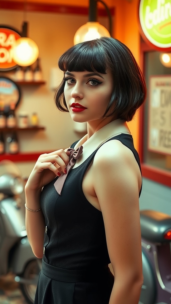 A woman with a classic pageboy hairstyle, wearing a black outfit with red lipstick, posing confidently