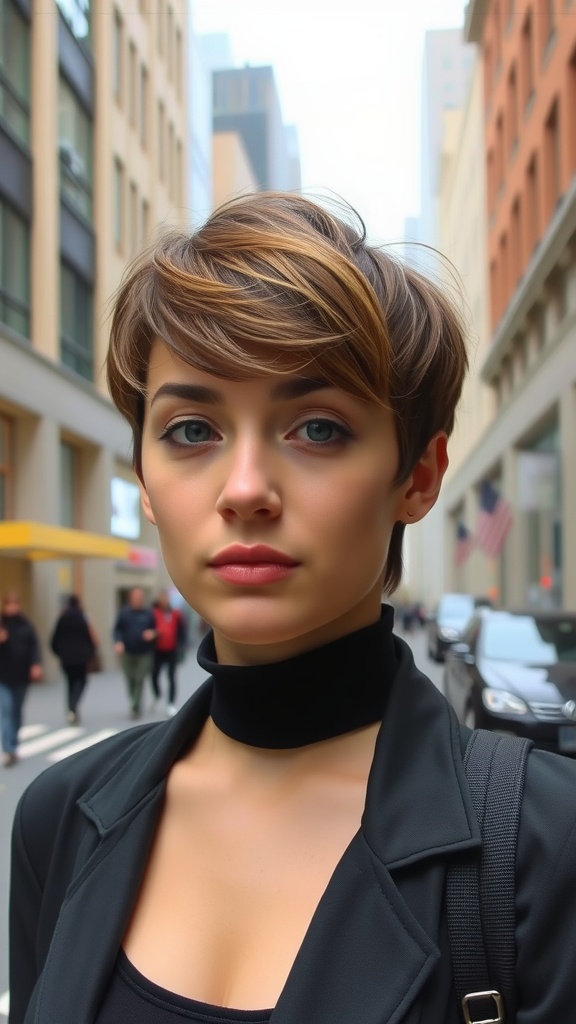A woman with a classic pixie cut and bangs, wearing a black outfit in an urban setting.