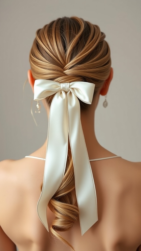 A classic ponytail hairstyle featuring a satin ribbon, showcasing elegant waves and a smooth finish.