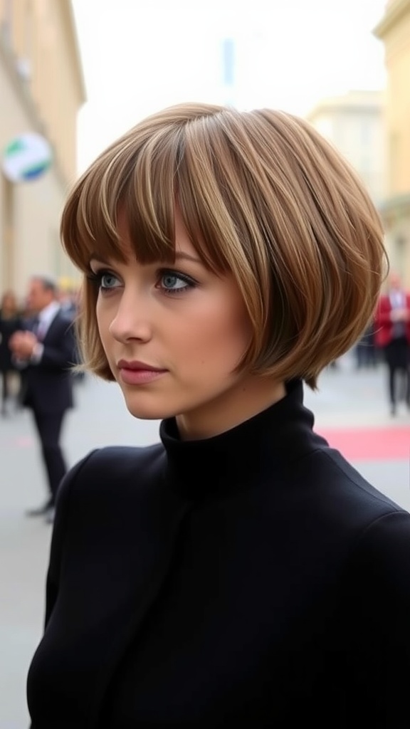 A woman with a classic short shag hairstyle, showcasing soft layers and bangs, set against a blurred outdoor background.