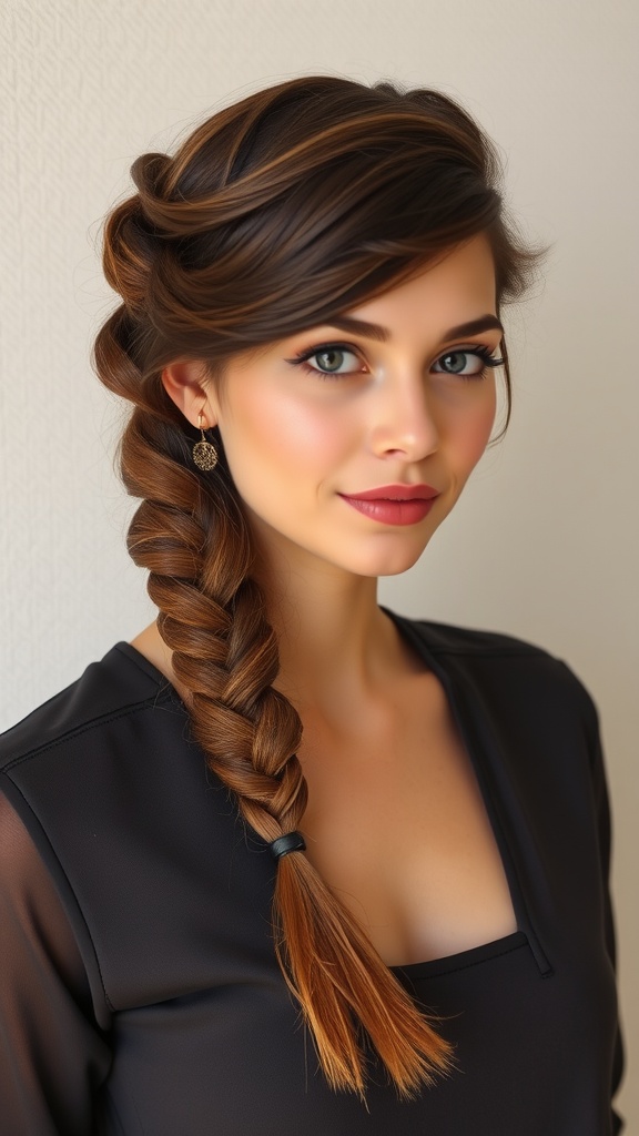 A woman with a classic side braid and elegant makeup.