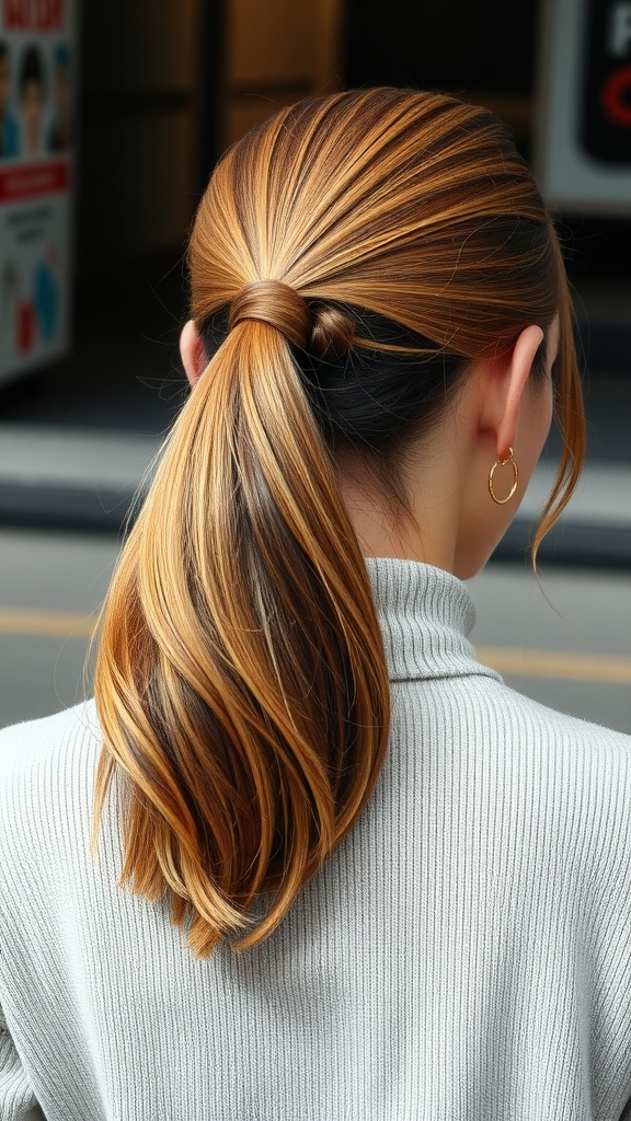A woman with a classic side ponytail hairstyle, featuring a twist at the base and wearing gold hoop earrings.