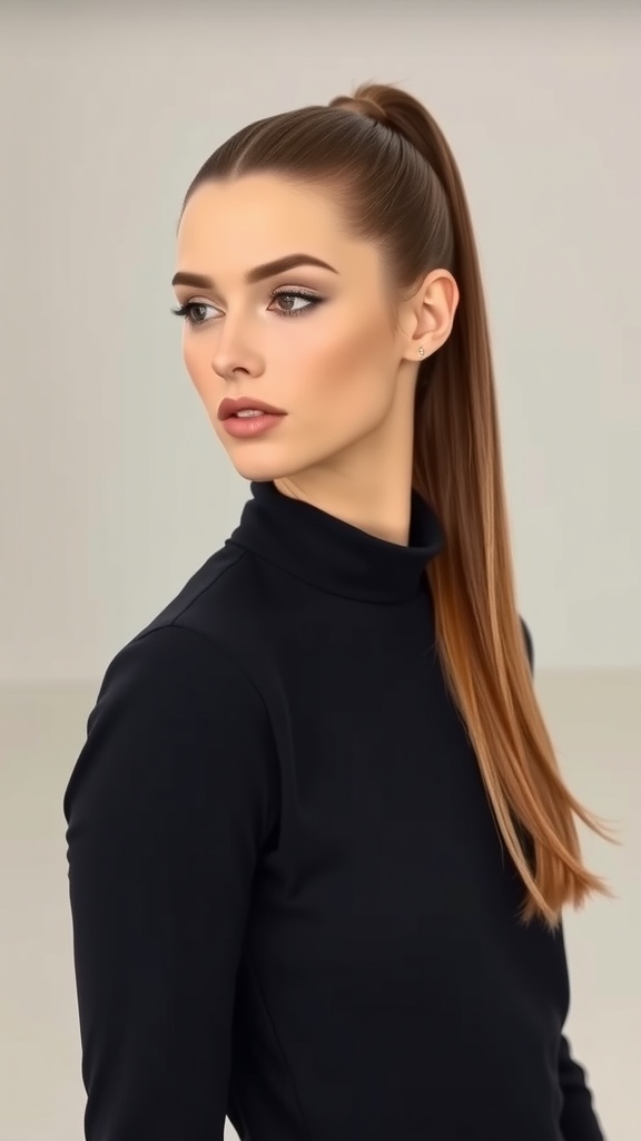 A model showcasing a classic sleek ponytail hairstyle