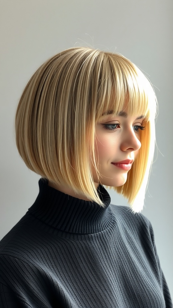 A woman with a classic straight bob hairstyle, showcasing a smooth and polished look.