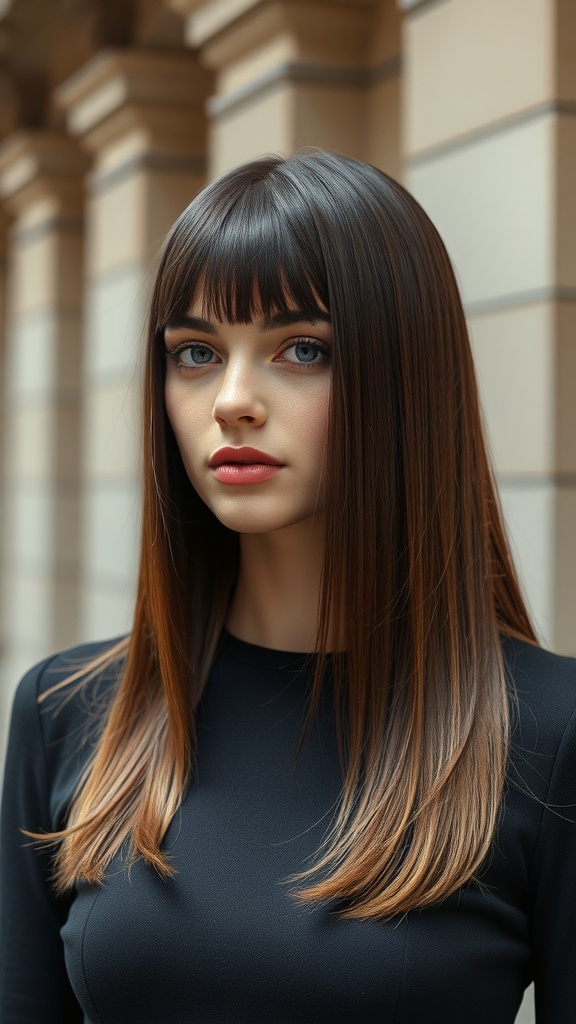 A model with straight, glossy hair and bangs, showcasing a classic hairstyle.