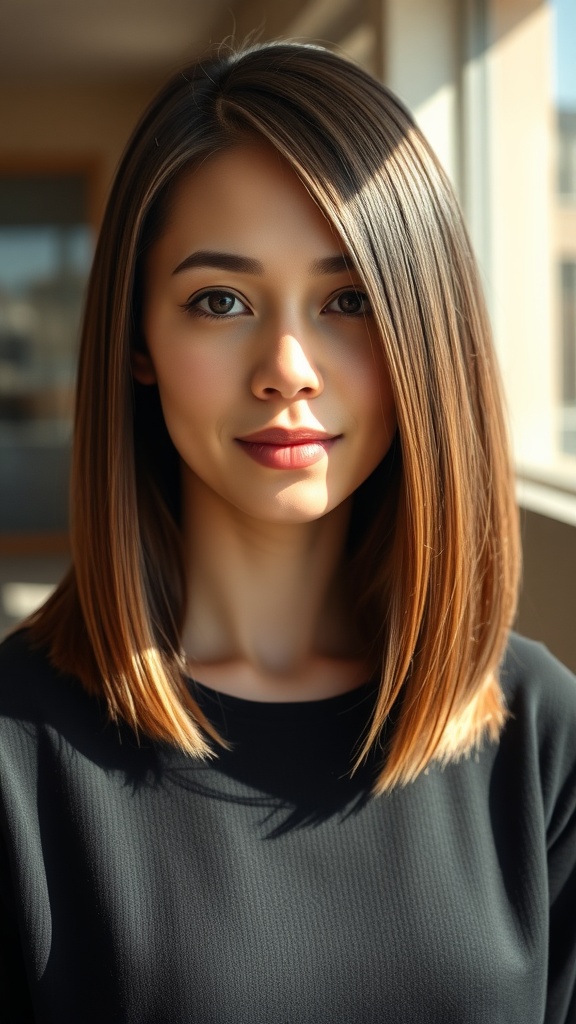 A woman with classic straight shoulder-length hair, featuring sleek strands and a polished appearance.