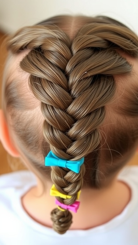 A close-up of a classic three-strand braid with colorful bows.