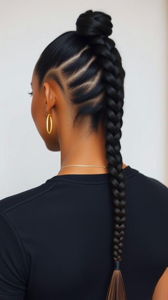 A classic three-strand braid ponytail featuring a sleek high ponytail with an intricate braid cascading down the back.