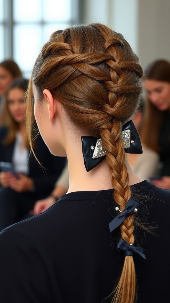 A classic three-strand braided ponytail hairstyle with a decorative bow.