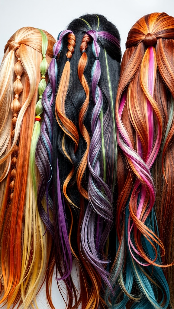 A variety of colorful long mullet hairstyles showcasing different color combinations and styles.