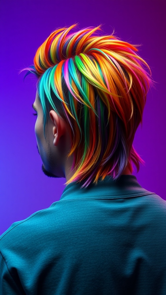 A colorful mullet hairstyle with vibrant rainbow colors blending together, showcasing a trendy and unique look.