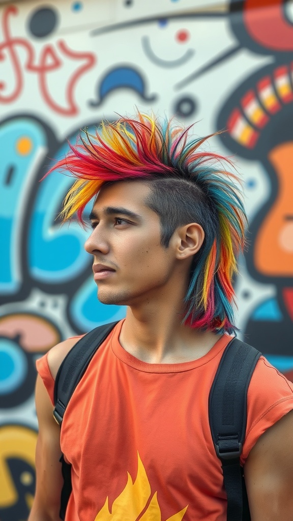 A young man with a colorful mullet hairstyle featuring red, blue, and yellow tips, against a vibrant mural background.