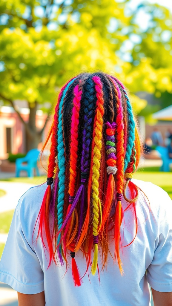 A woman with colorful bob braids in shades of pink, blue, orange, and yellow, standing outdoors