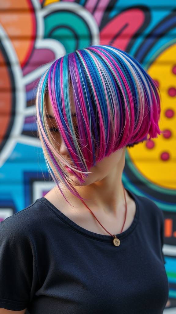 A woman with a colorful bob hairstyle featuring pink, blue, and blonde highlights against a vibrant mural background.