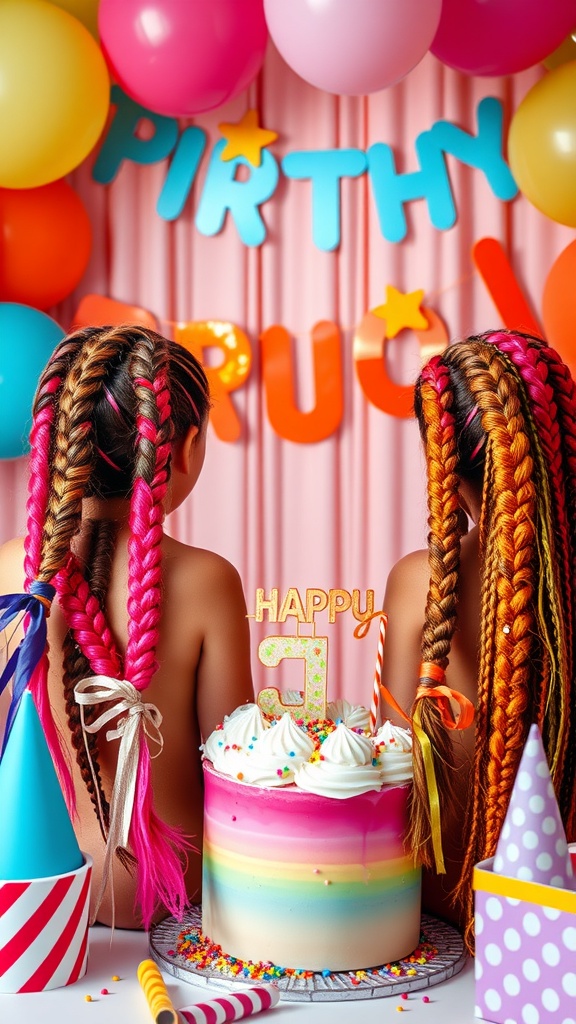 Two girls with colorful box braids celebrating a birthday with a cake and balloons