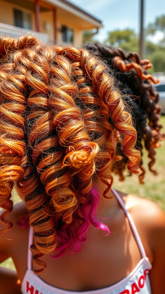 A close-up view of 3C curly hair with orange and pink highlights
