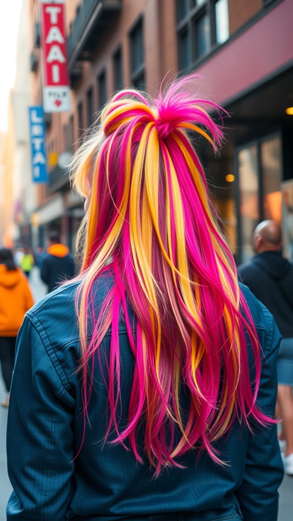 A person with long colorful mullet hairstyle featuring pink and yellow highlights, seen from the back in an urban setting.