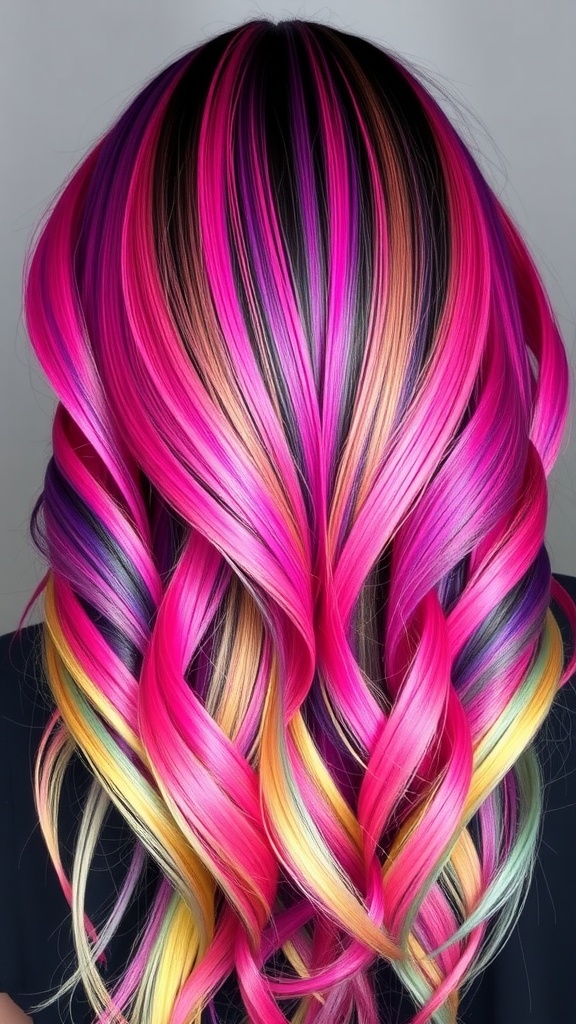 A vibrant colorful ombre quick weave hairstyle featuring black roots transitioning to bright pink, purple, and yellow hues.