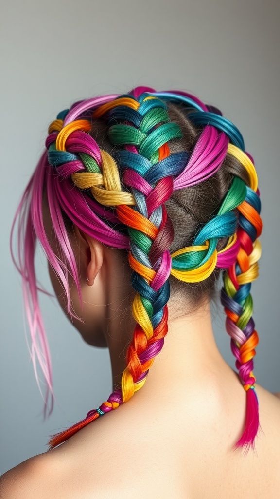 A vibrant rainbow crown braid hairstyle featuring multiple colorful braids.