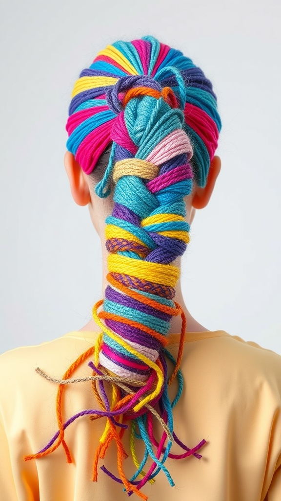 A colorful yarn wrap quick weave ponytail featuring various vibrant yarn colors.