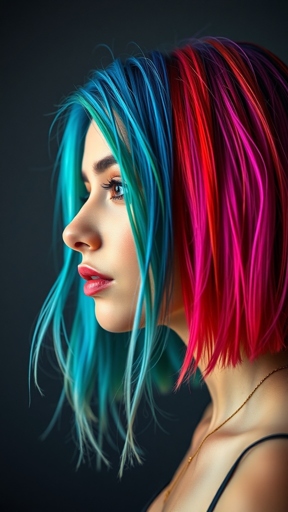 A woman with colorful hair featuring blue and pink shades, showcasing a bold hairstyle.