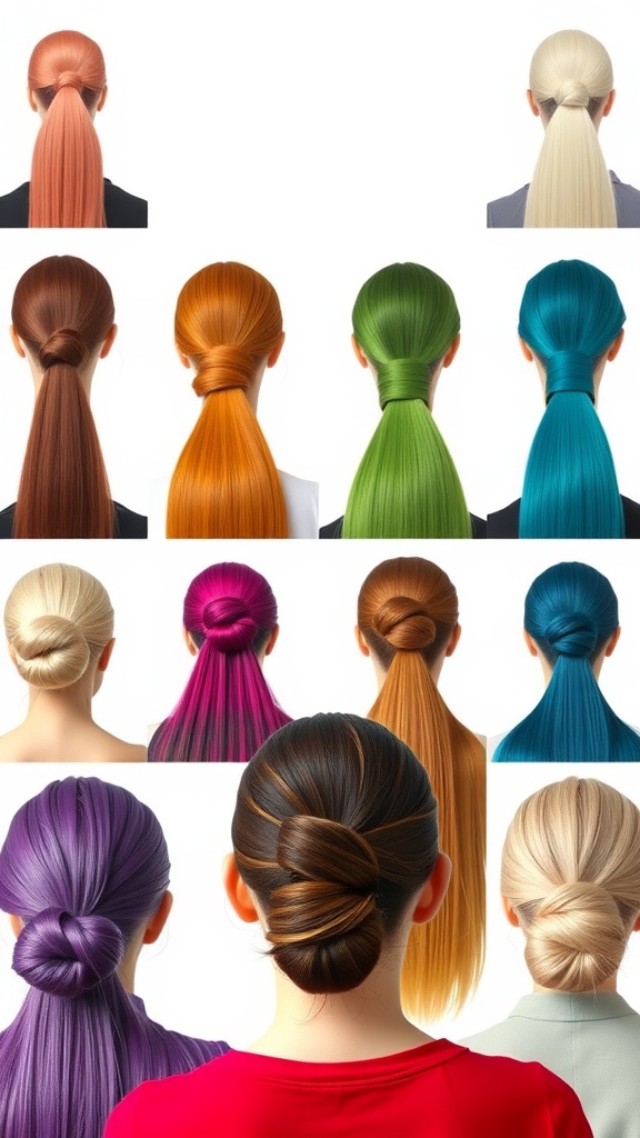 Various slick back buns in different hair colors including red, green, blue, purple, and blonde.