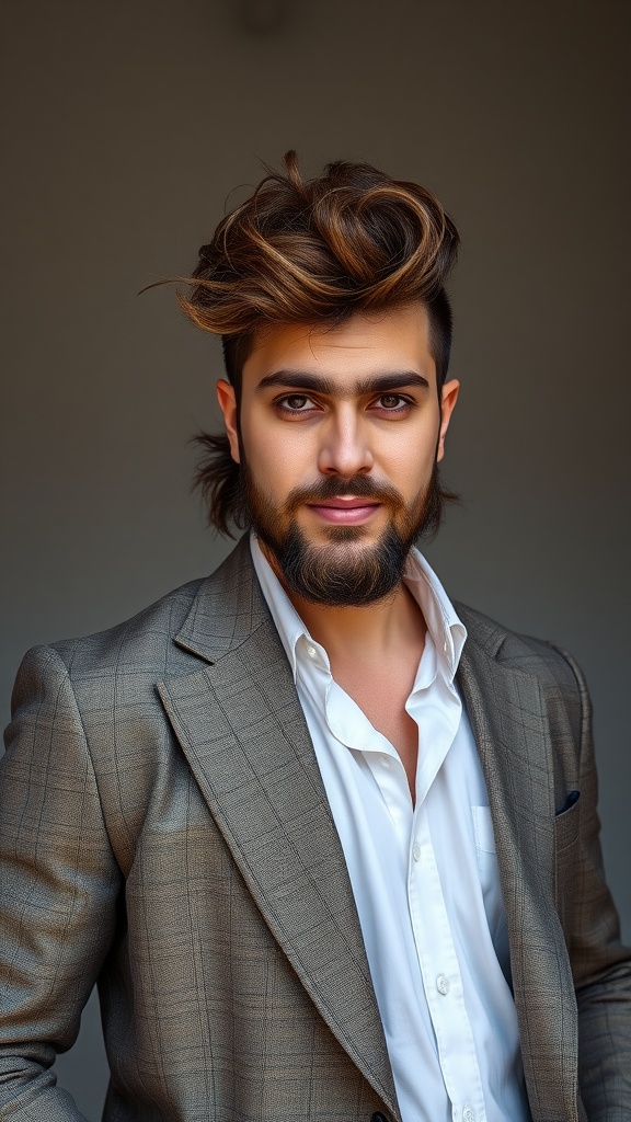 A man with a curly mullet hairstyle and a well-groomed beard, dressed in a stylish blazer.